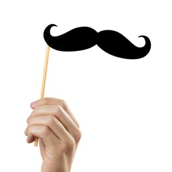 Hand holding moustache on a stick, isolated on white background