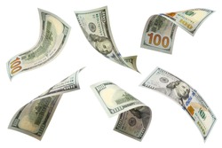 Set of flying 100 dollars banknotes, isolated on white background