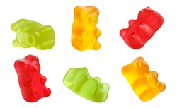 Collection of colorful jelly gummy bears, isolated on white background