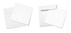 Set of square envelopes with blank papers, isolated on white background