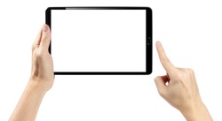 Hands touching black tablet screen, isolated on white background