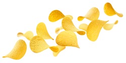 Flying delicious potato chips, isolated on white background
