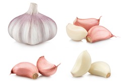 Collection of garlic and cloves, isolated on white background