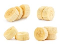 Collection of banana slices, isolated on white background