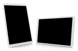Set of white tablet computers, isolated on white background, perspective views