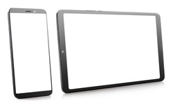 Phone and tablet with blank displays, isolated on white, perspective view