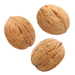 Flying walnuts, isolated on white background