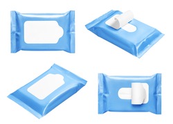 Blue wipes flow packs collection, isolated on white