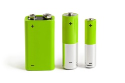 Three green batteries (AAA, AA and PP3), isolated on white background