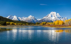 Mount Moran view from Oxbow Bend beside Snake River of Grand Teton, Wyoming. Color of tees and environment changing due to autumn change to winter.