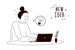 Happy woman comes up with idea. Concept of new ideas and freelance work. Cartoon girl sitting in front laptop and think. Relaxed and calm female character with new goals and idea. Vector illustration