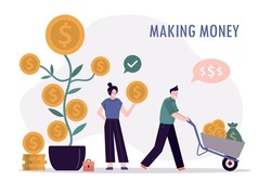 Businesspeople make profit. Successful business project brings profit. Happy man push cart full of money. Money tree with gold coins. Earnings, dividends. Profitable company. Flat vector illustration