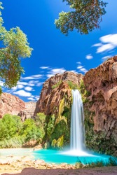 Long Exposure photo at havasupai waterfalls during summer. Beautiful vacation escape to the peace of nature.