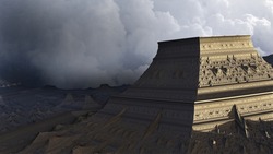 3D Illustration Landscape with sky and clouds Alien Planet Surface with Temple-like structures from a lost civilization Blur Background with Selective Focus