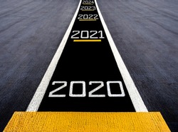 Look forward and move to the future, start to new year two thousand twenty (2020), painted on a runway of an aircraft carrier
