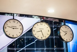 Three different international hanging wall clock, London, Tokyo, Paris