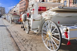 A long row of white carriages on a cobbled street of an old European city awaits tourists for a horse ride on a sunny day in Krakow, Poland