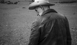 Monochrome of rear view of adult man in cowboy hat on field