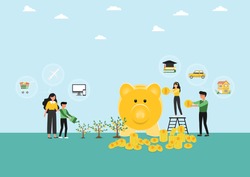 Financial planning,Vector illustration of Happy family and Yellow piggy banks with Flat stylish icon design on cloudy background,Saving money for prepare in future and investment concept