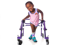 Young girl with cerebral palsy on white background