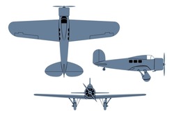 Orion L-9 Airliner 1931. Top, Side, Front View. Vintage airplane. Vector clipart isolited on white.