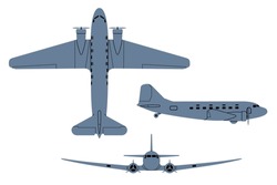 DC-3 Dakota Airliner 1936. Top, Side, Front View. Vintage airplane. Vector clipart isolited on white.