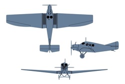F 13 First Airliner 1919. Top, Side, Front View. Vintage airplane. Vector clipart isolited on white.
