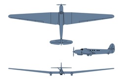 ANT-25 Record plane 1933. Top, Side, Front View. Vintage airplane. Vector clipart isolited on white.