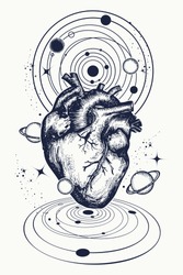 Anatomic heart among galaxies and planets tattoo. Symbol of love, philosophy, psychology, imagination, dream. Surreal t-shirt design