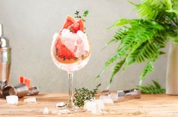 Gin tonic trendy alcoholic cocktail drink with dry gin, bitter tonic, lemon juice, grapefruit, thyme and ice with bar tools. Wooden table background with copy space