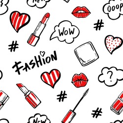 Fashion illustration seamless pattern. Love fashion hand drawn text and make up design elements. Lips and lipstick, hashtag symbol and speech bubbles. Sketch set. 