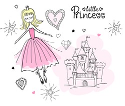 Set of design elements. Little princess in the clouds. Gentle romantic sketch.