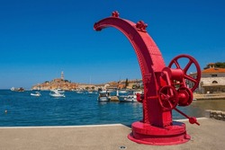 An old boat crane just outside the historic centre of Rovinj old town in Istria, Croatia