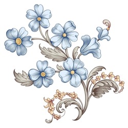 Vintage spring flower summer blue scroll Baroque Victorian frame border floral ornament leaf engraved retro pattern decorative design forget menot filigree calligraphic vector