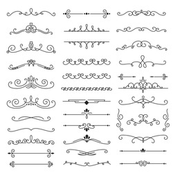 Decorative swirls divider. Collection of vector calligraphic objects for wedding invitation, greeting card and certificate design. Lines, borders, swirls and divider in retro classic style.