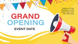 Grand opening banner template. Advertising design for social network vector illustration. Template for retail promotion and announcement. Online shopping and marketing flyer with megaphone in hand