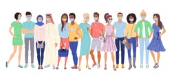 Multi ethnic people in protection masks. Isolated casual men and women cartoon character group standing together during corona virus epidemic. Multi-ethnic crowd. Vector multiethnic people society