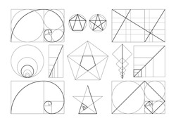 Golden ratio set. Isolated flat spiral, geometric shapes with ideal section composition icons. Golden ratio divine proportion collection. Geometry harmony and balance vector illustration