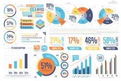 Business infographics set with different diagram vector illustration. Data visualization elements, marketing charts and graphs. Website and presentation template. Abstract infographics data template.