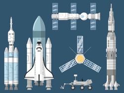 Astronautics and space technology isolated set. Space shuttle, cosmic rocket, spaceship, orbital satellite, mars rover, space station vector illustration. Spacecraft collection in flat design.