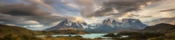 Beautiful mountain landscapes in Torres Del Paine National Park, Chile. World famous hiking region. Panorama 