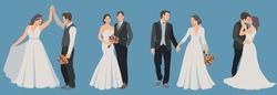 Set of wedding couple groom and bride. A happy couple celebrates a wedding, dances, kisses, hugs, holds each other in an embrace. Wedding ceremony. Marriage people vector illustration in flat style.