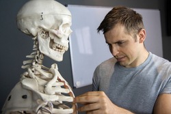 Anatomy student learning about human skeleton in class