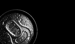 Aluminum can on black background. Fresh drink. Water drops on can. Interior poster