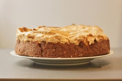 Delicious homemade cake with meringue and apple on grey background and with slight sepia effect. High quality photo