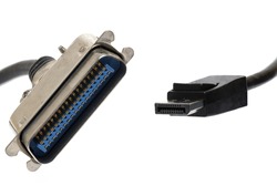 Close up of obsolete computer serial connector next to current hdmi cable on white background as concept for obsolete next modern technology and slow against fast transmission