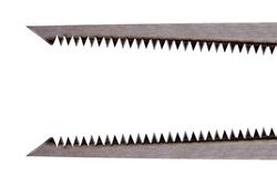 Close up of two straight metal saw blades one above and one below copy space with sharp long teeth and pointed shape against white background concept danger and sharpness
