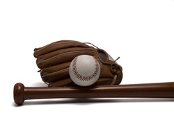 Close up partial view of brown leather glove bat and white ball with red stitches as baseball equipment on white background as concept ball sports and leisure activities