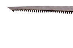 Close up of straight metal saw blade with pointed shape and long sharp teeth on white background concept sharpness