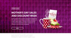 Mother's day sales and discount week, purple modern horizontal discount banner with a modern polygon texture and cup of tea with cupcake